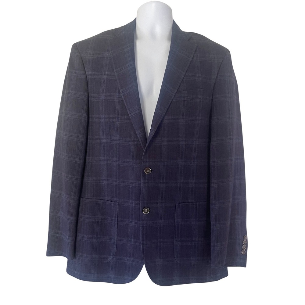 Jos A Bank 1905 Navy Blue Plaid Linen Cotton Sport Coat Blazer Tailored 41L